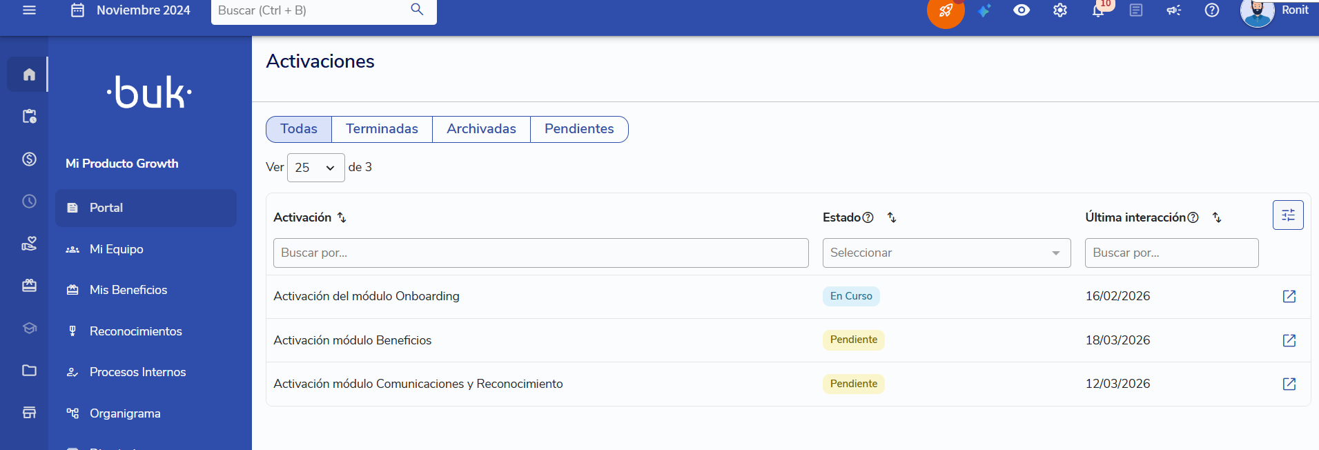 Lista de activaciones; terminadas, archivadas y pendientes.