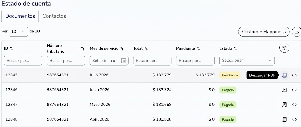 Descarga de documentos dentro de la vista de Estado de Cuenta